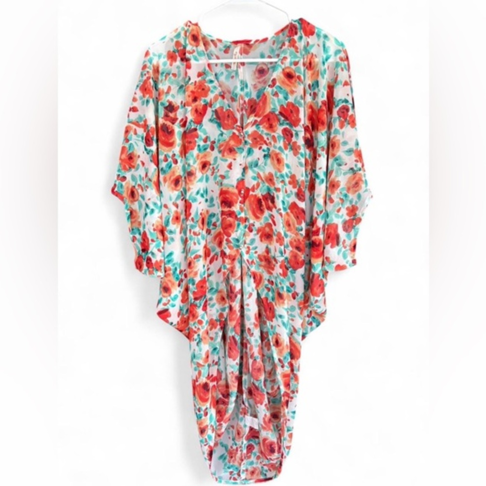 NWOT High Low Floral‎ Sheer Button Down Blouse S/M Lightweight Casual Chic Flowy